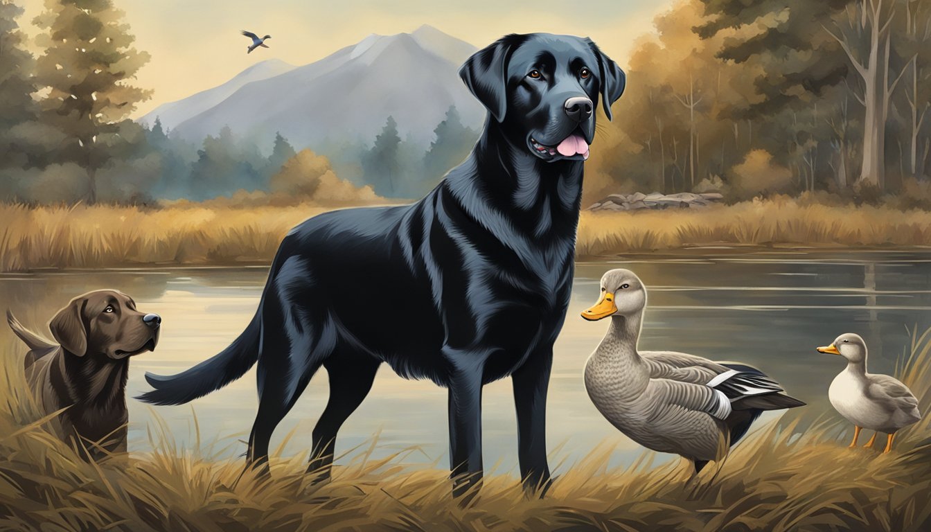 A Labrador Retriever stands proudly with a duck in its mouth, surrounded by a family on a hunting trip