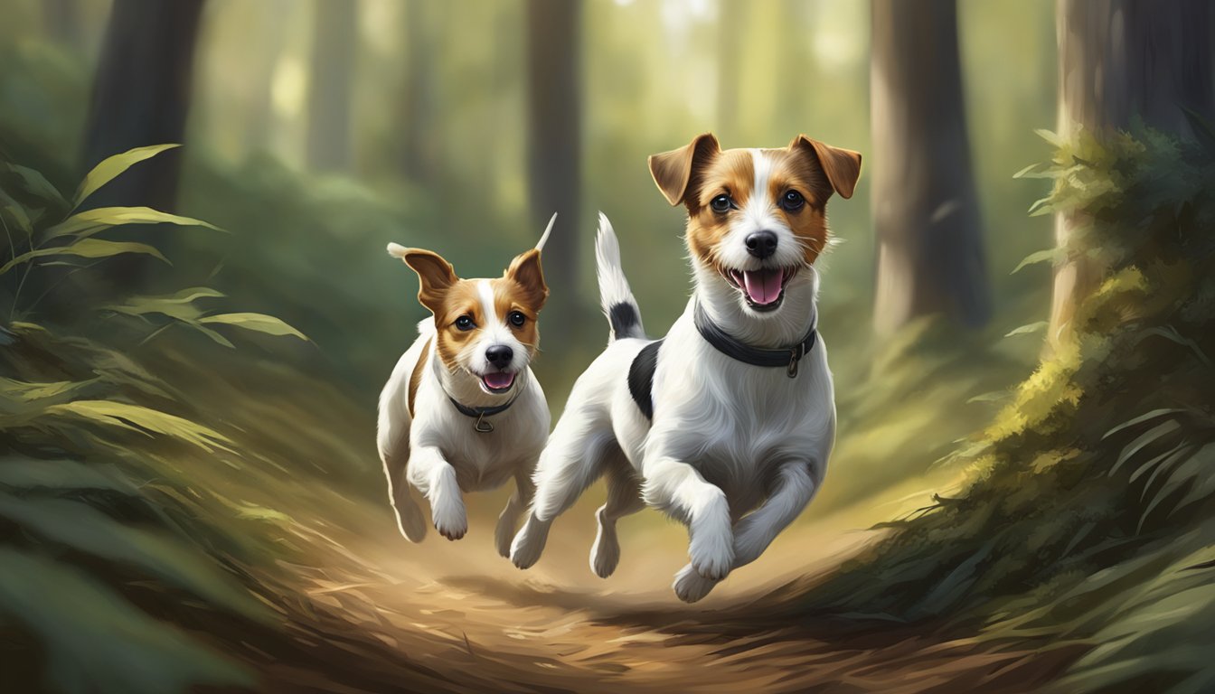 A Jack Russell Terrier eagerly hunts alongside its fellow Jack Russell Terrier through a dense forest, their alert and determined expressions capturing the intensity of the chase