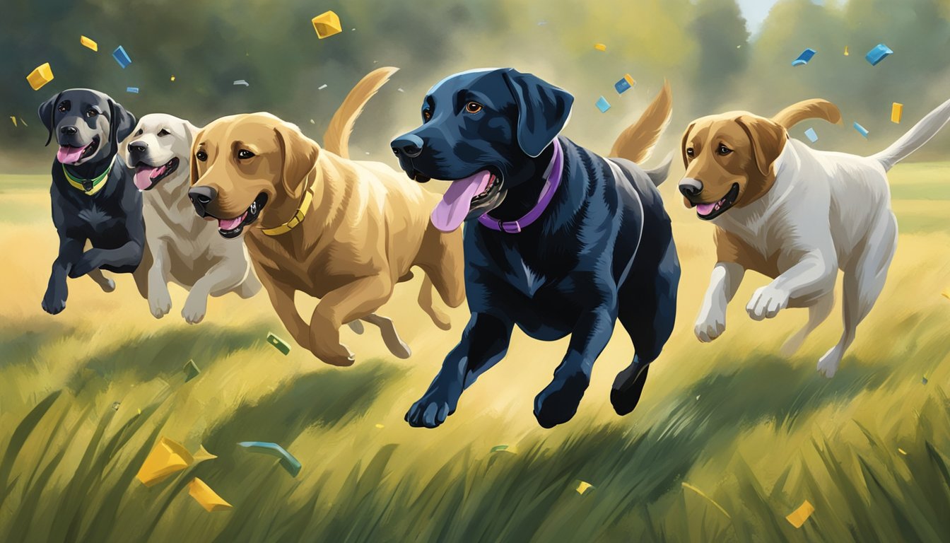 A Labrador Retriever eagerly retrieves a trophy in a field of competitors