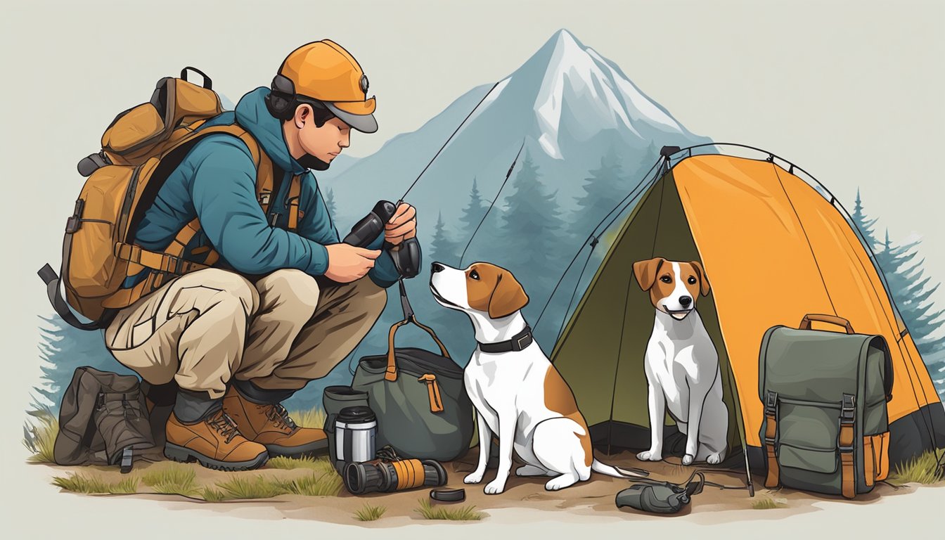 A hunter prepares gear with a Jack Russell Terrier beside them, checking equipment and ensuring safety before heading out for a hunt