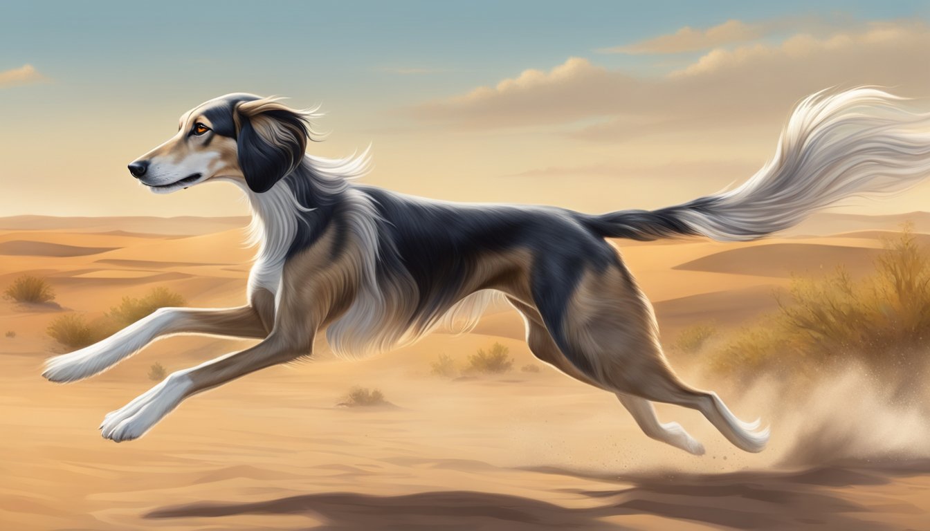 A Saluki sprints across a desert landscape, ears and tail flowing, eyes focused on its prey