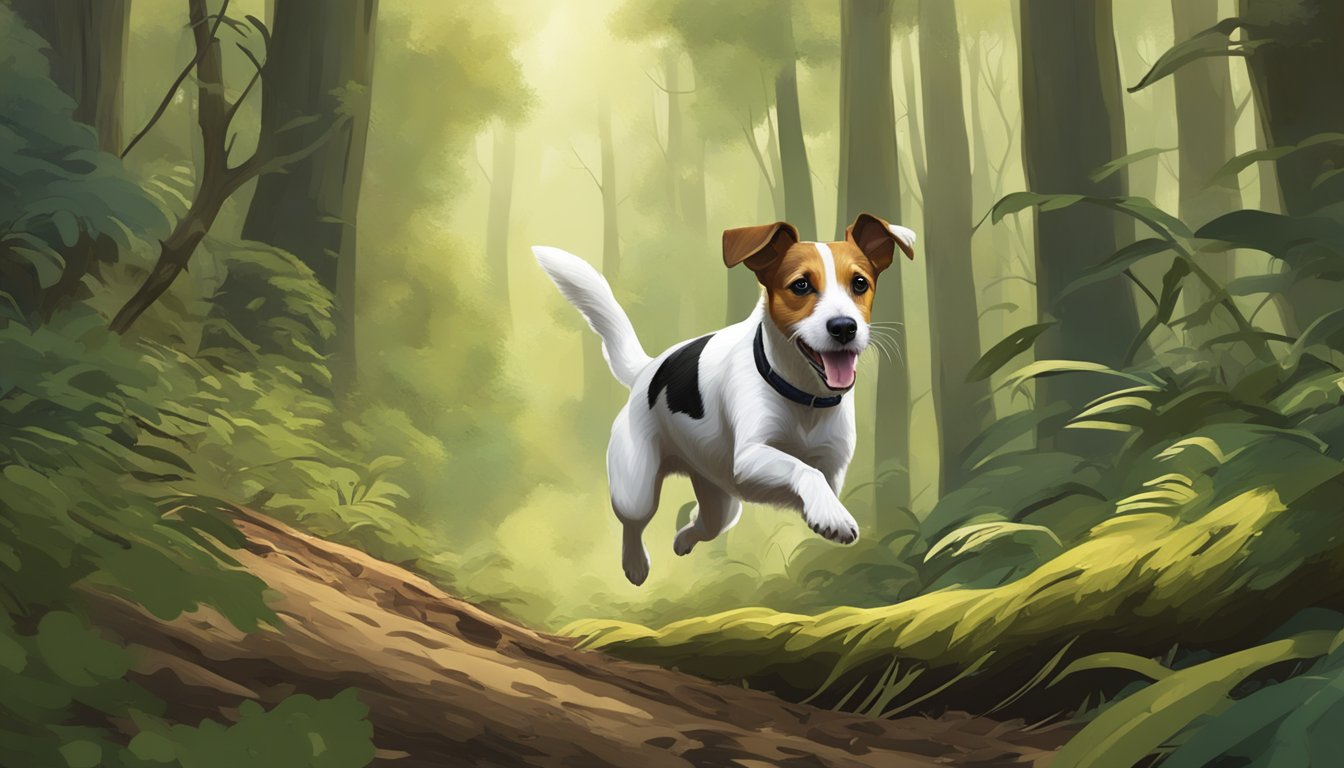 A Jack Russell Terrier hunting in a dense forest, chasing after a squirrel through the underbrush