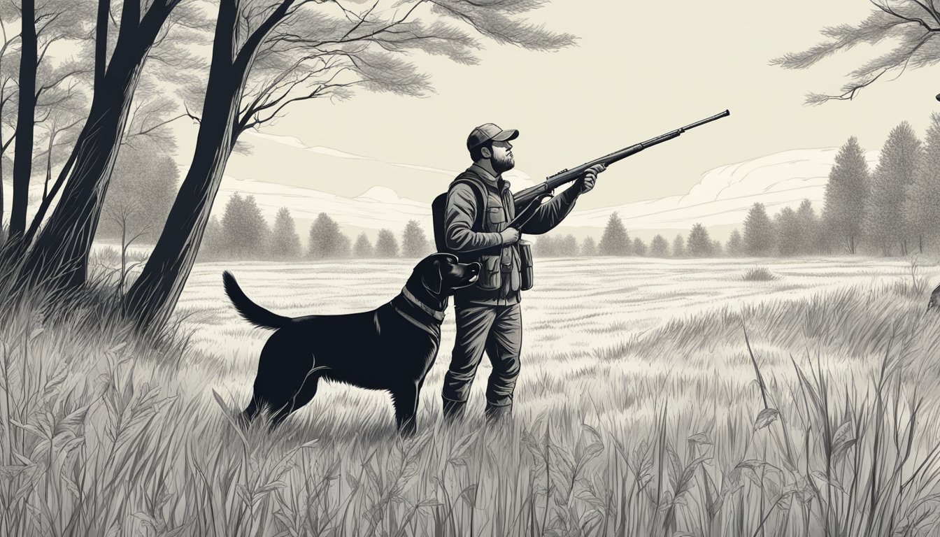 A hunter and Labrador Retriever stand in a field, surrounded by tall grass and trees. The dog eagerly sniffs the air, ready for the hunt