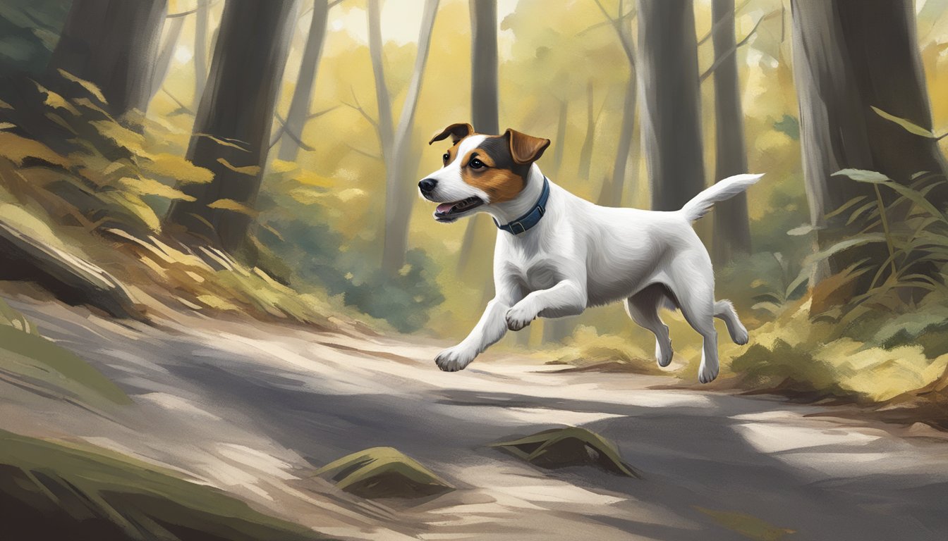 A Jack Russell Terrier bounds through a forest, nose to the ground, ears perked, and tail wagging as it searches for its prey