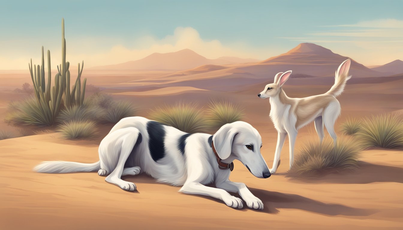 A Saluki dog tenderly nuzzles a freshly caught rabbit in a desert landscape