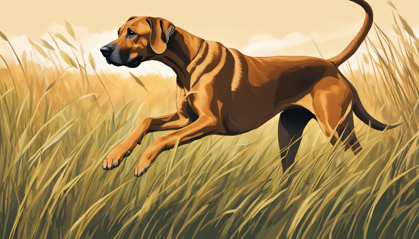 A Rhodesian Ridgeback bounds through tall grass, nose to the ground, tail held high, alert and focused on the hunt