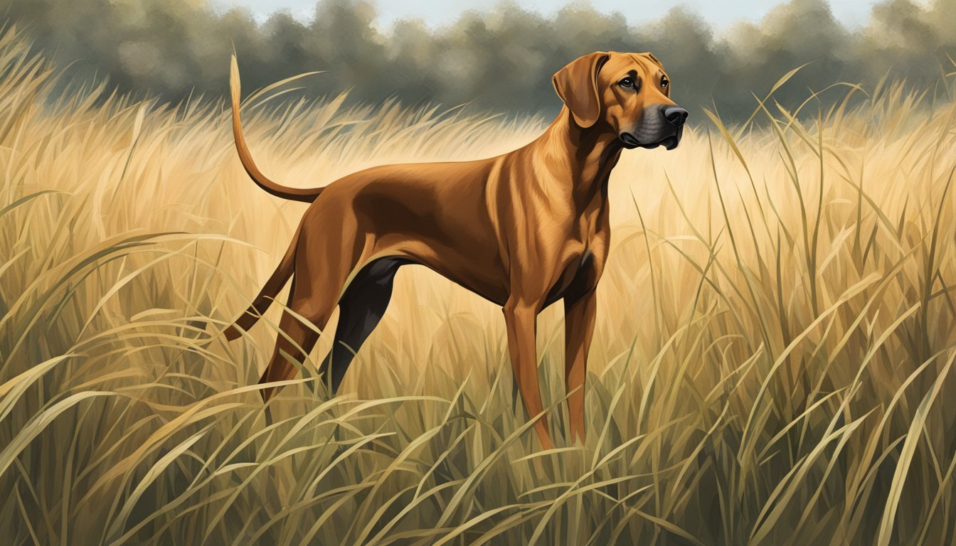 A Rhodesian Ridgeback stands alert in tall grass, ears perked and tail raised, ready to hunt