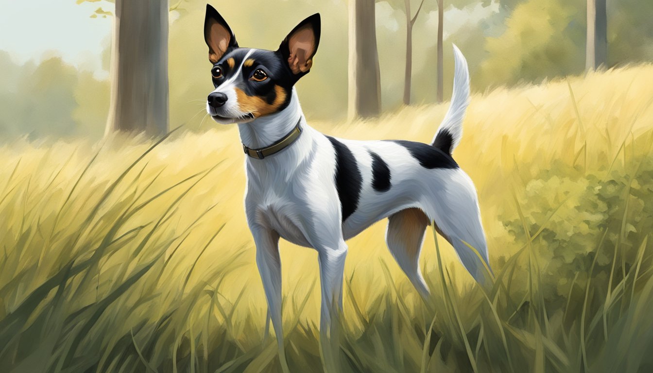 A Rat Terrier stands alert in a grassy field, tail raised, sniffing the air with a determined look. Surrounding trees hint at a hunting expedition