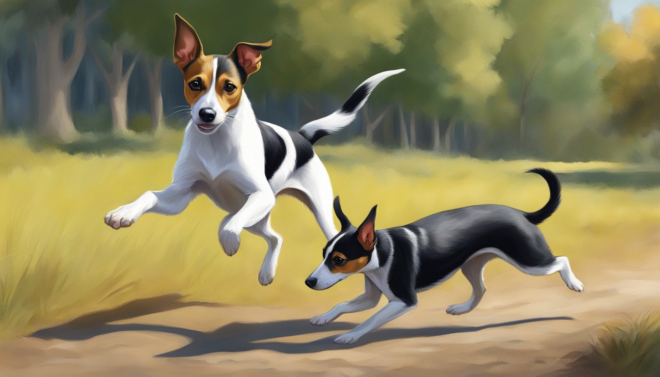 A Rat Terrier eagerly hunts, tail wagging, in a lively social setting