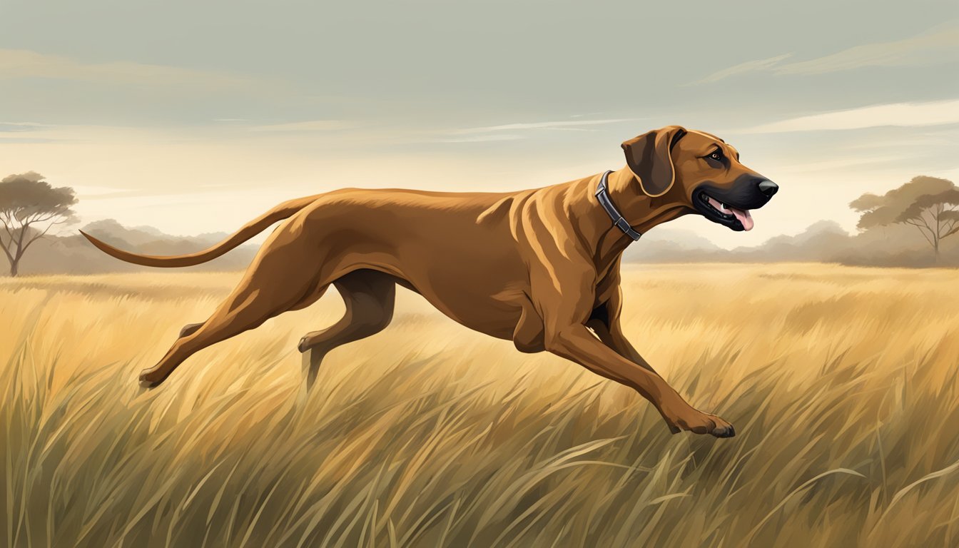 A Rhodesian Ridgeback runs through a grassy savanna, ears perked and tail held high, as it confidently tracks its prey