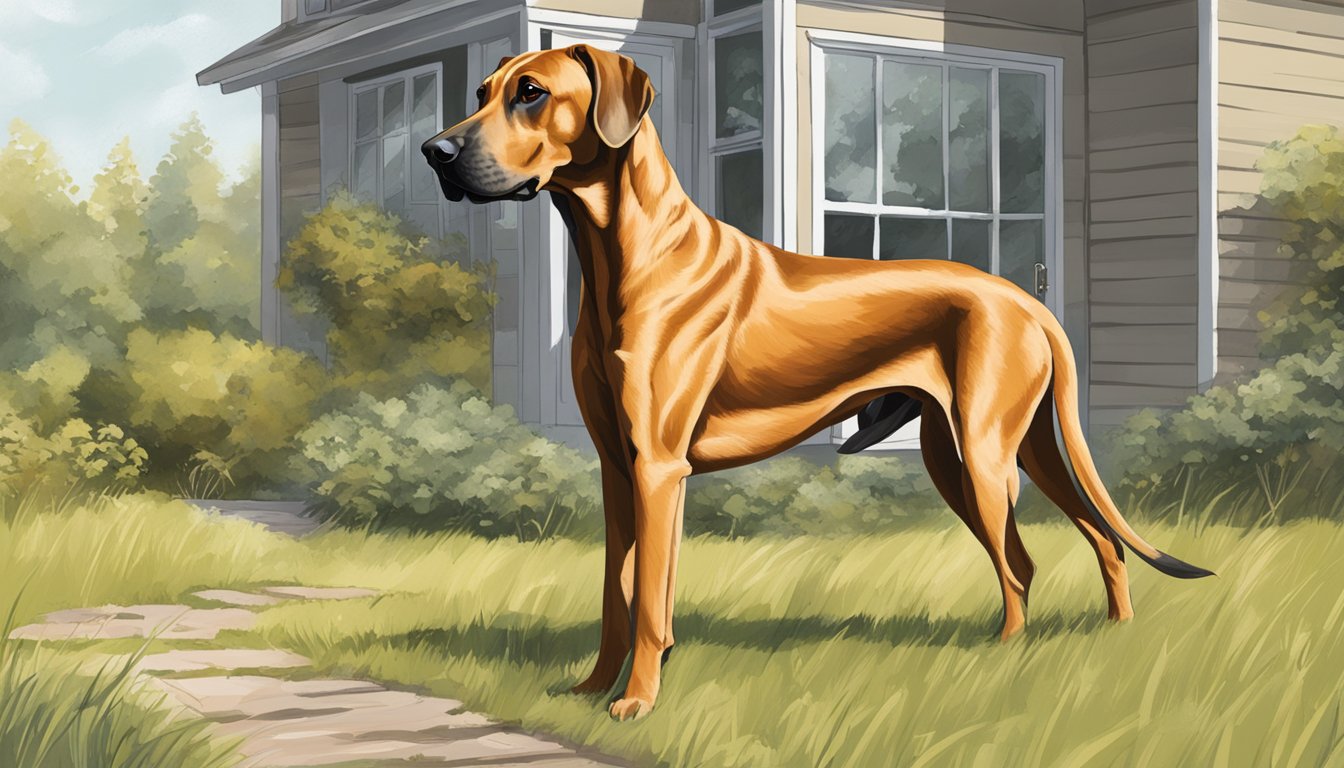 A Rhodesian Ridgeback prowls through a home, then stands alert in a grassy field, hunting