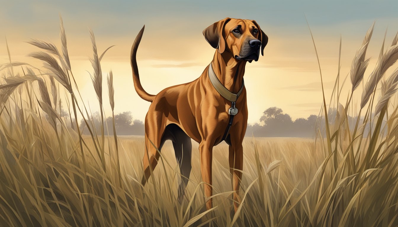 A Rhodesian Ridgeback stands alert in tall grass, ears perked, as its owner prepares hunting gear in the background