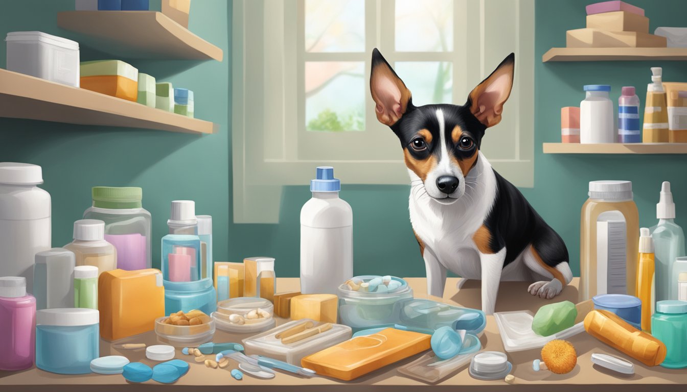 A Rat Terrier eagerly hunts for health and care items, surrounded by medical supplies and wellness products