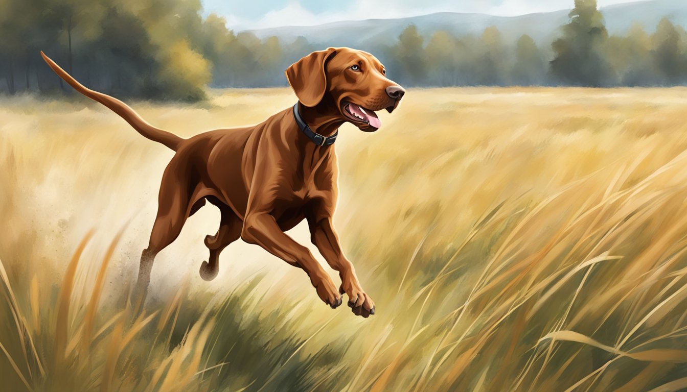 A Vizsla dog eagerly dashing through a field, nose to the ground, tail wagging, as it searches for a target during a competitive sports hunting event