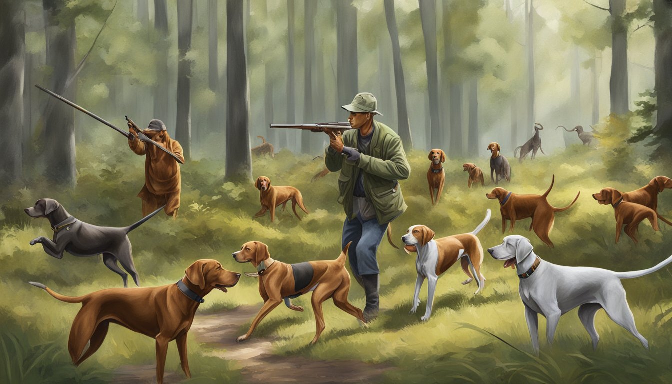 Vizsla hunting club members training their dogs in a wooded area