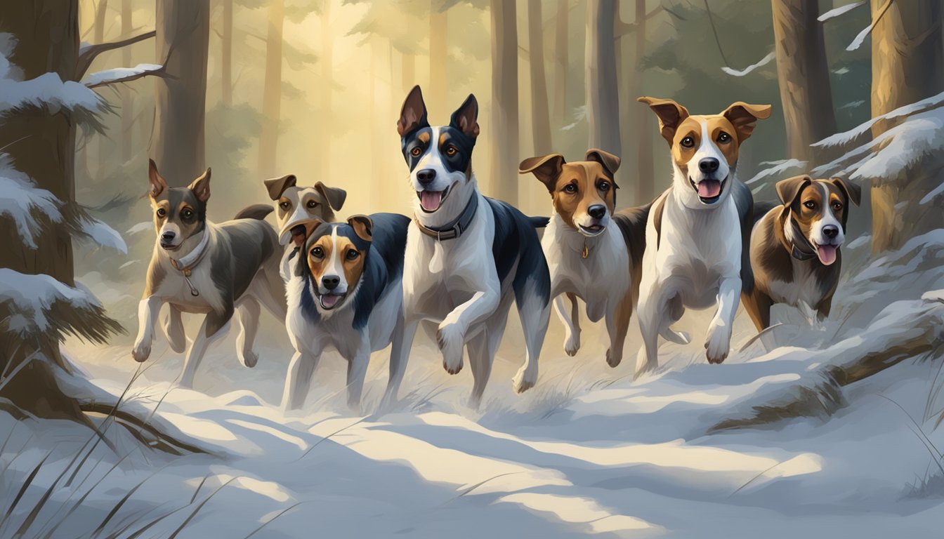 A pack of hunting terriers, with keen eyes and alert ears, eagerly chase after their prey through the dense underbrush of the forest