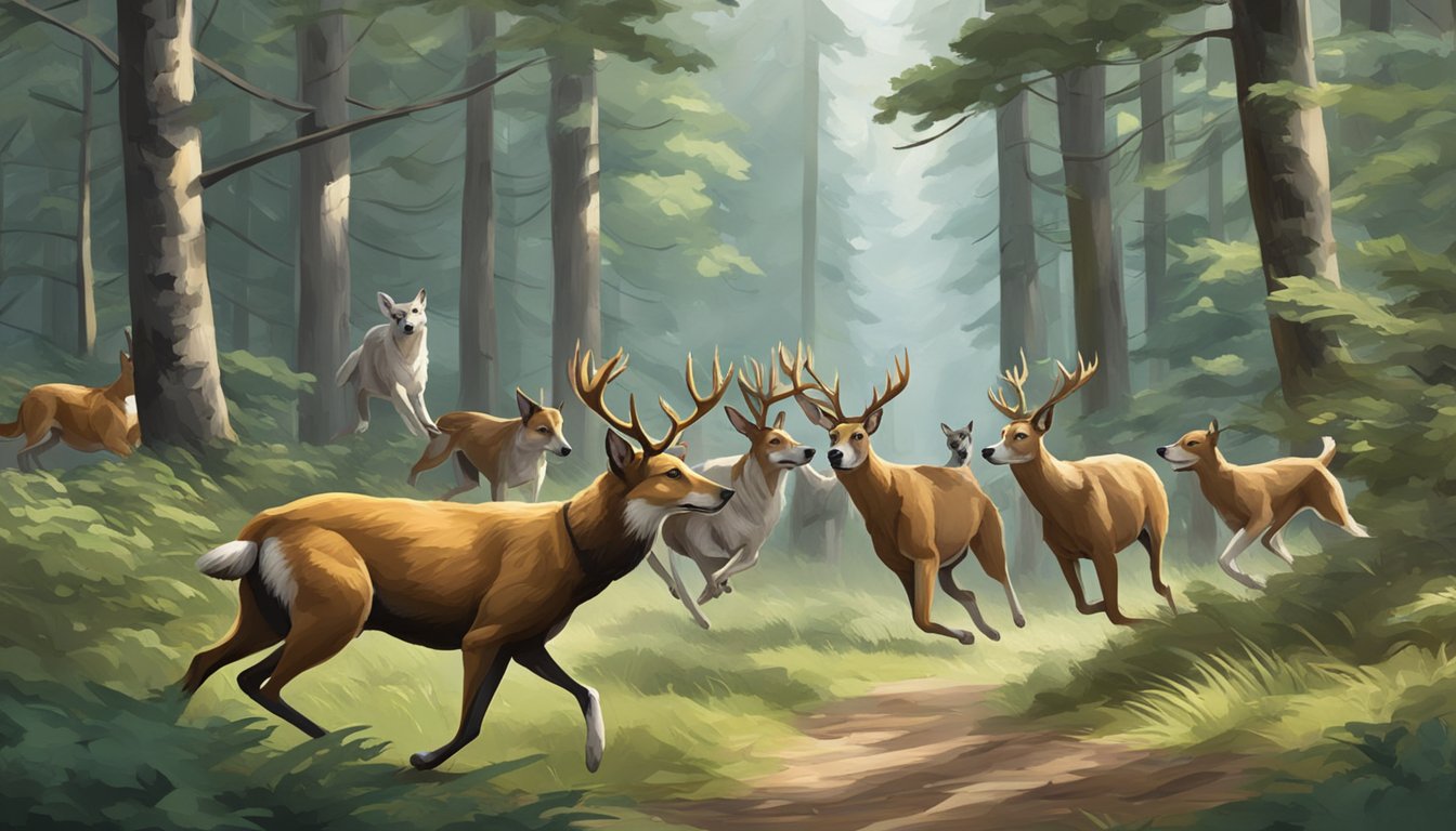 A pack of dogs chasing a deer through a dense forest