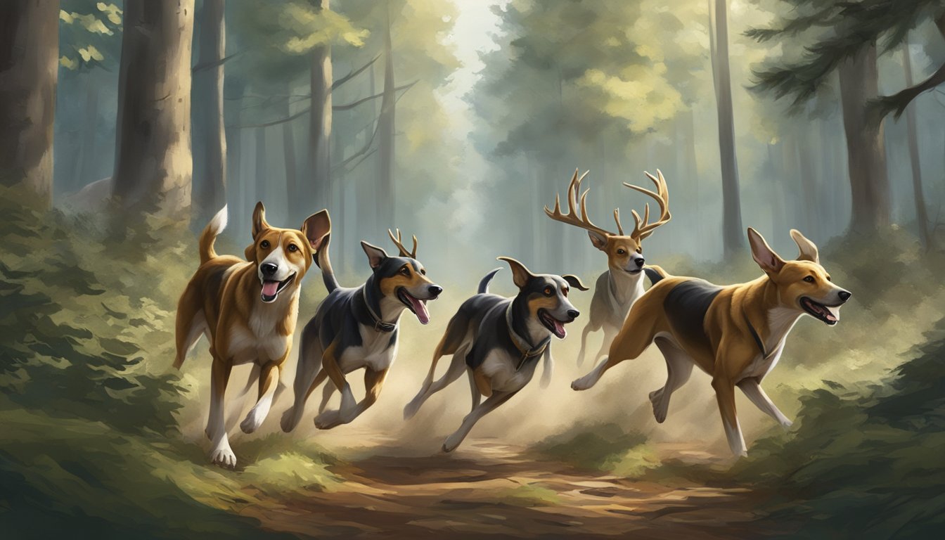 A pack of hounds chase a deer through a dense forest, their barks echoing through the trees as they pursue their prey