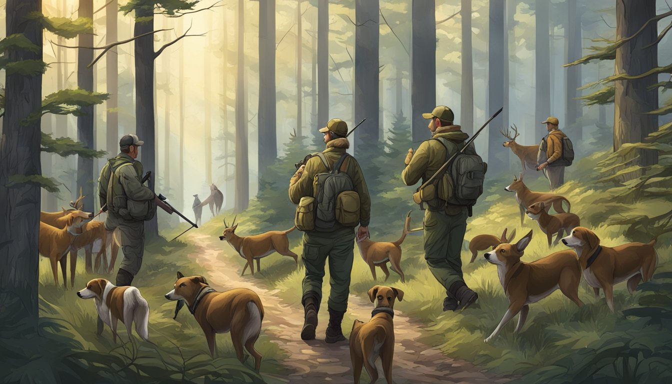 A group of hunters use dogs to track and corner a deer in a dense forest