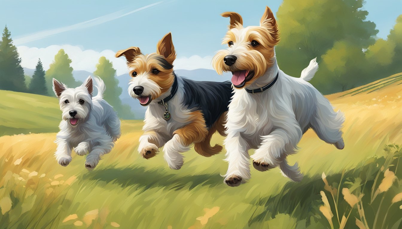 Two terriers running through a field, one with its nose to the ground, the other eagerly following. Trees and hills in the background