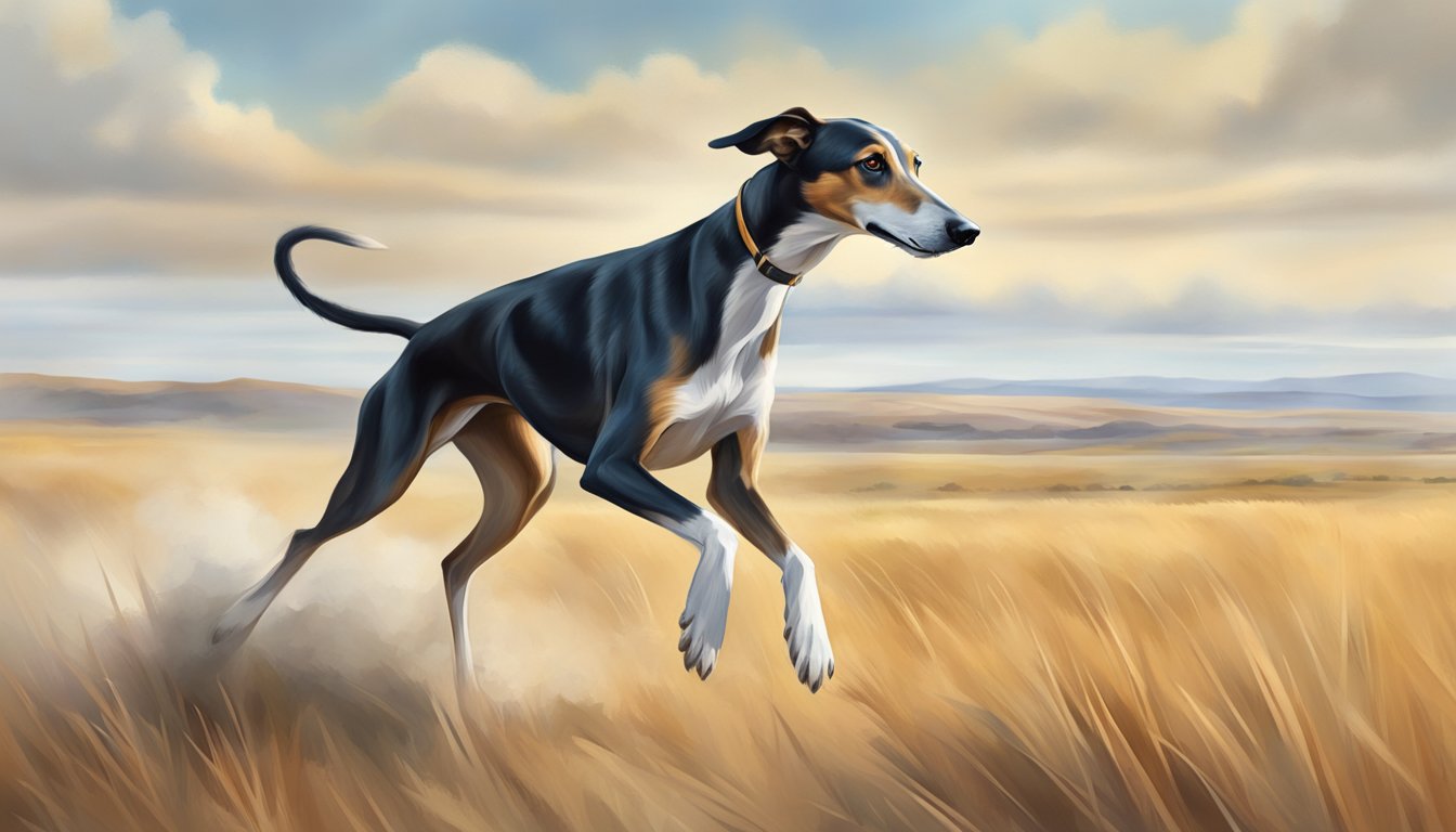 A Sighthound races across a vast open plain, its sleek body and long legs propelling it forward with grace and speed, its eyes focused intently on its prey in the distance