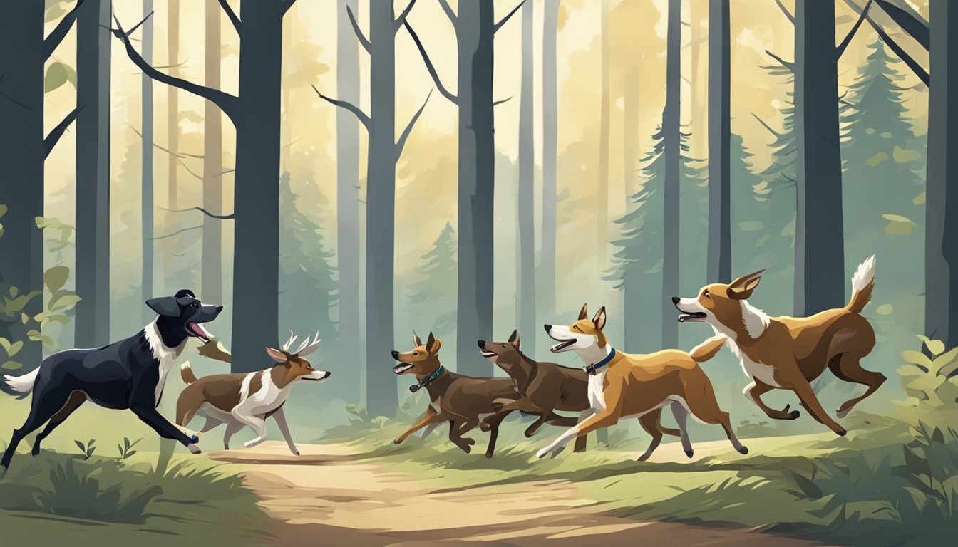 A pack of dogs chases a deer through a forest, their barks echoing as they pursue their prey