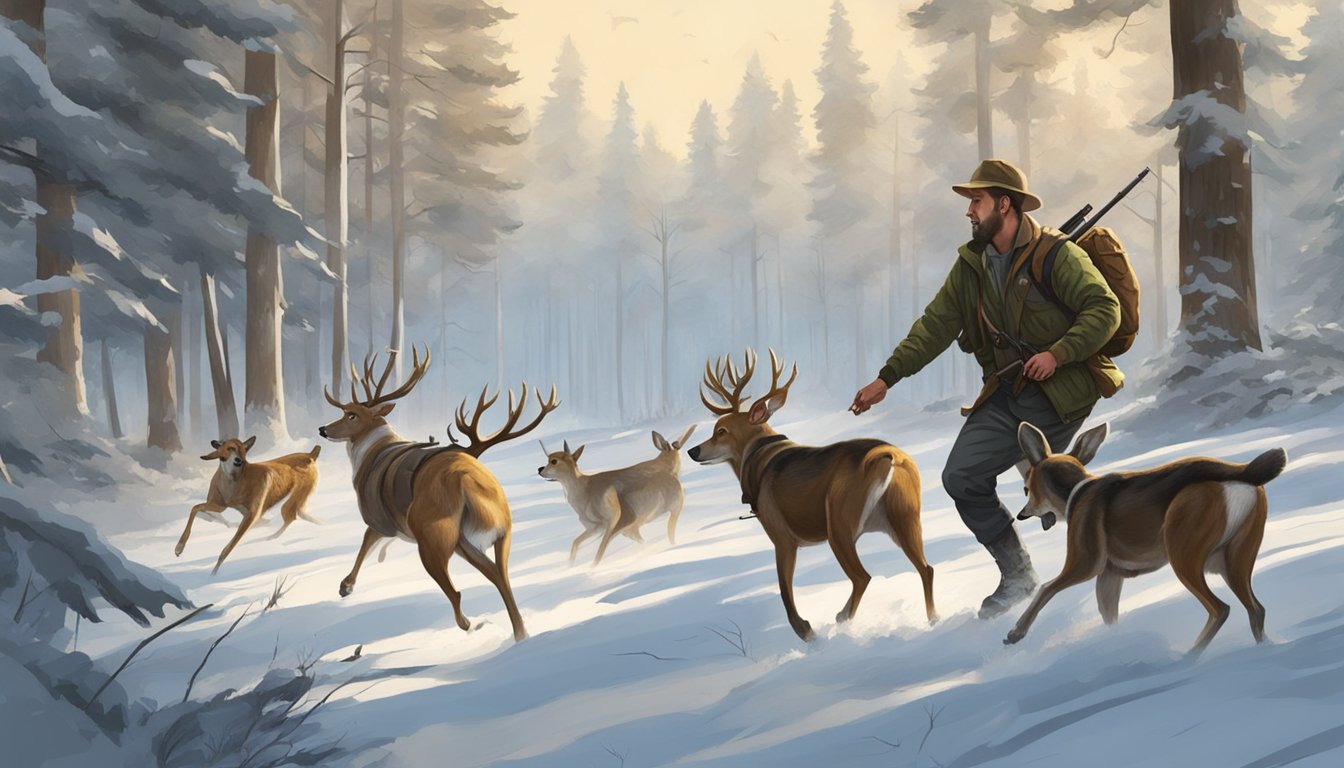 A hunter with dogs chasing a deer in a forest clearing