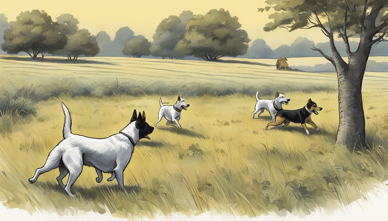 Terriers hunting in a field, one dog digging while others watch