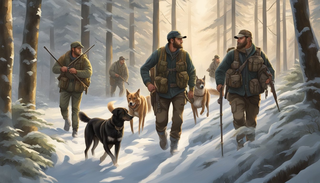 A group of hunters and their dogs trek through a dense forest, following the scent of a deer. The dogs are alert and focused, while the hunters move quietly, ready to take aim