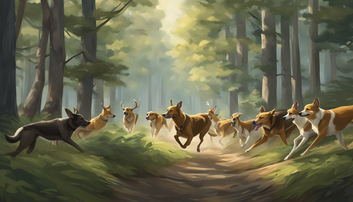 A pack of dogs chasing a deer through a dense forest