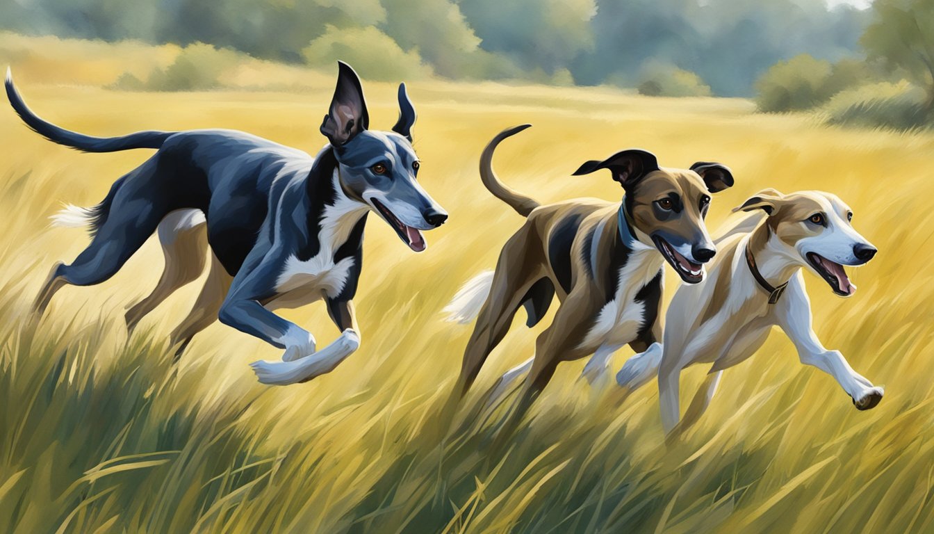 Sighthounds chasing prey across open grassland