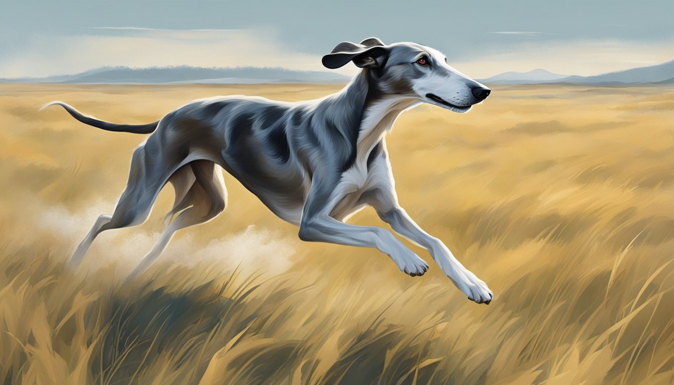 A sighthound races across a vast open field, its sleek body and long legs propelling it forward with grace and speed. The wind whips through its fur as it pursues its prey with intense focus