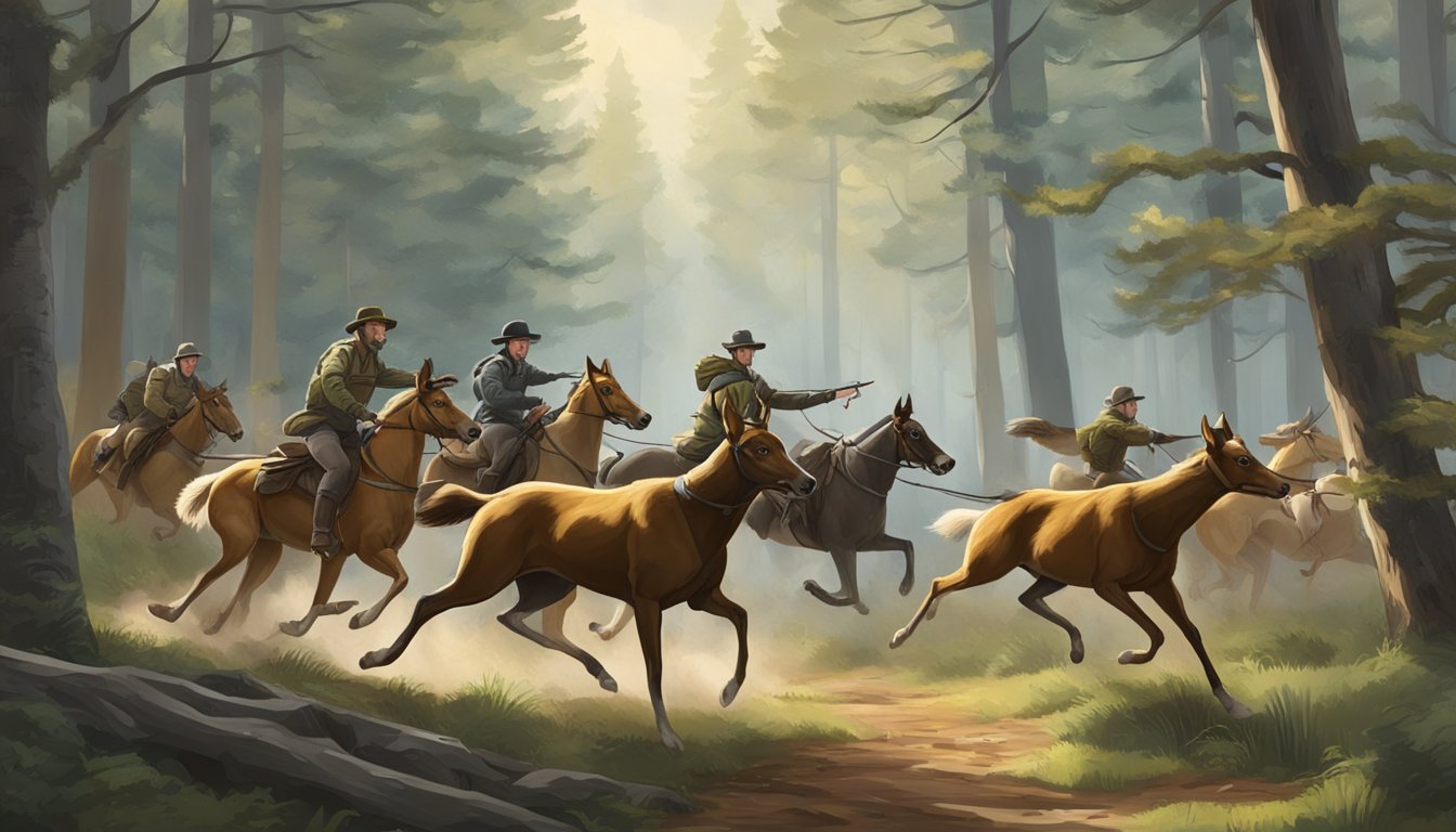 Dogs chase a fleeing deer through a forest, guided by hunters on horseback