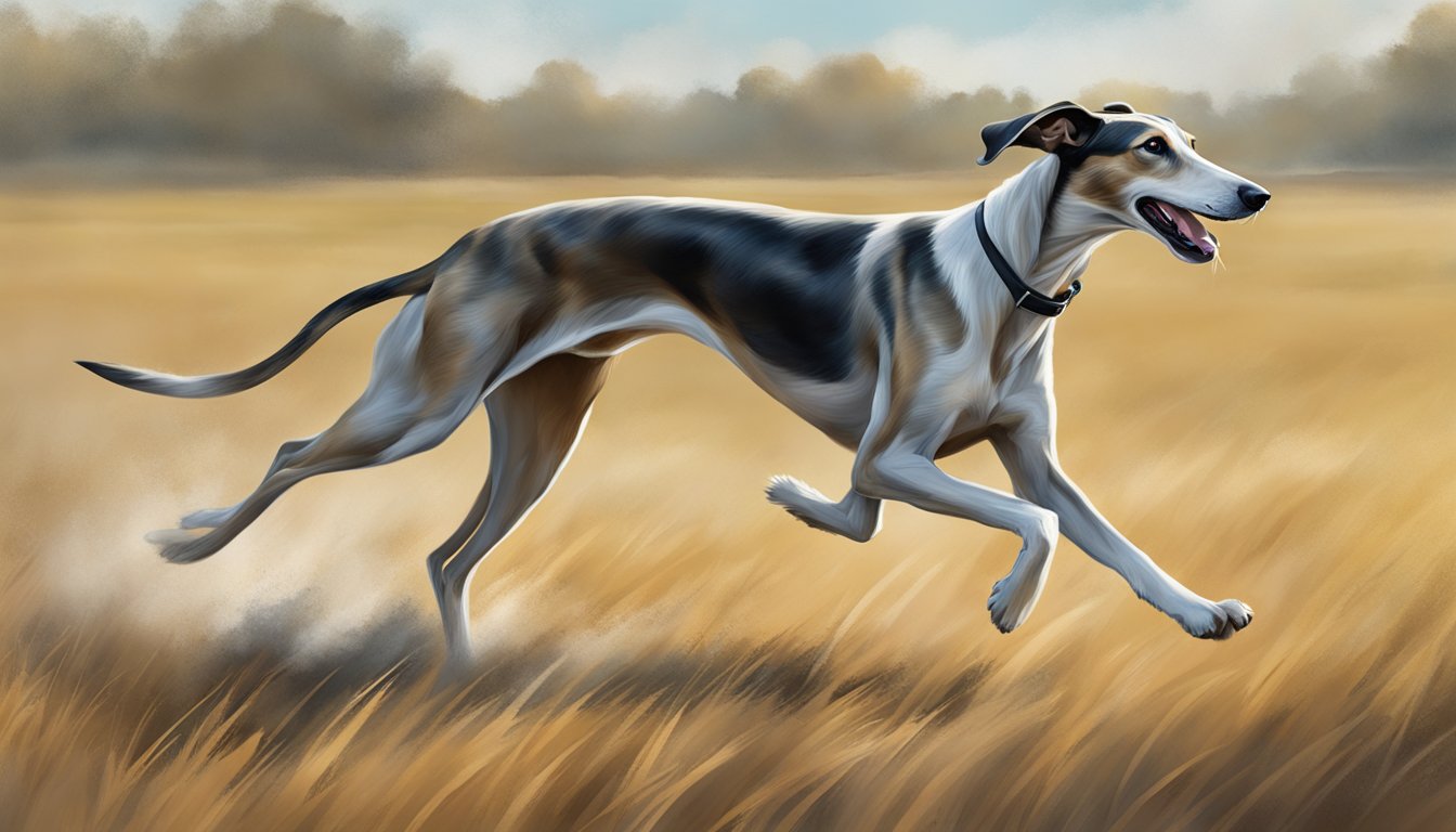 A sighthound races across a vast open field, its sleek body and powerful legs propelling it forward as it tracks its prey with intense focus