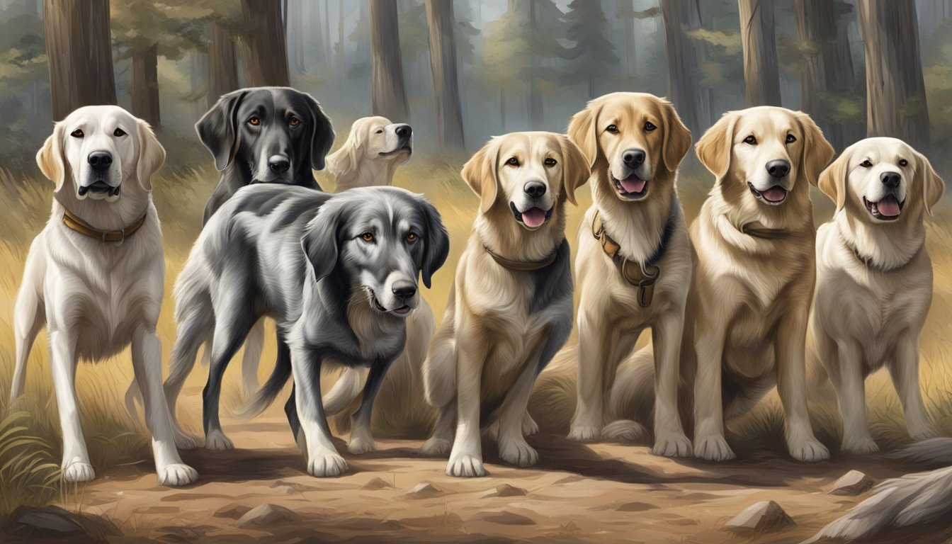 A pack of hunting dogs eagerly sniffing the ground, tails wagging, and ears perked, ready to assist their human companions in the hunt