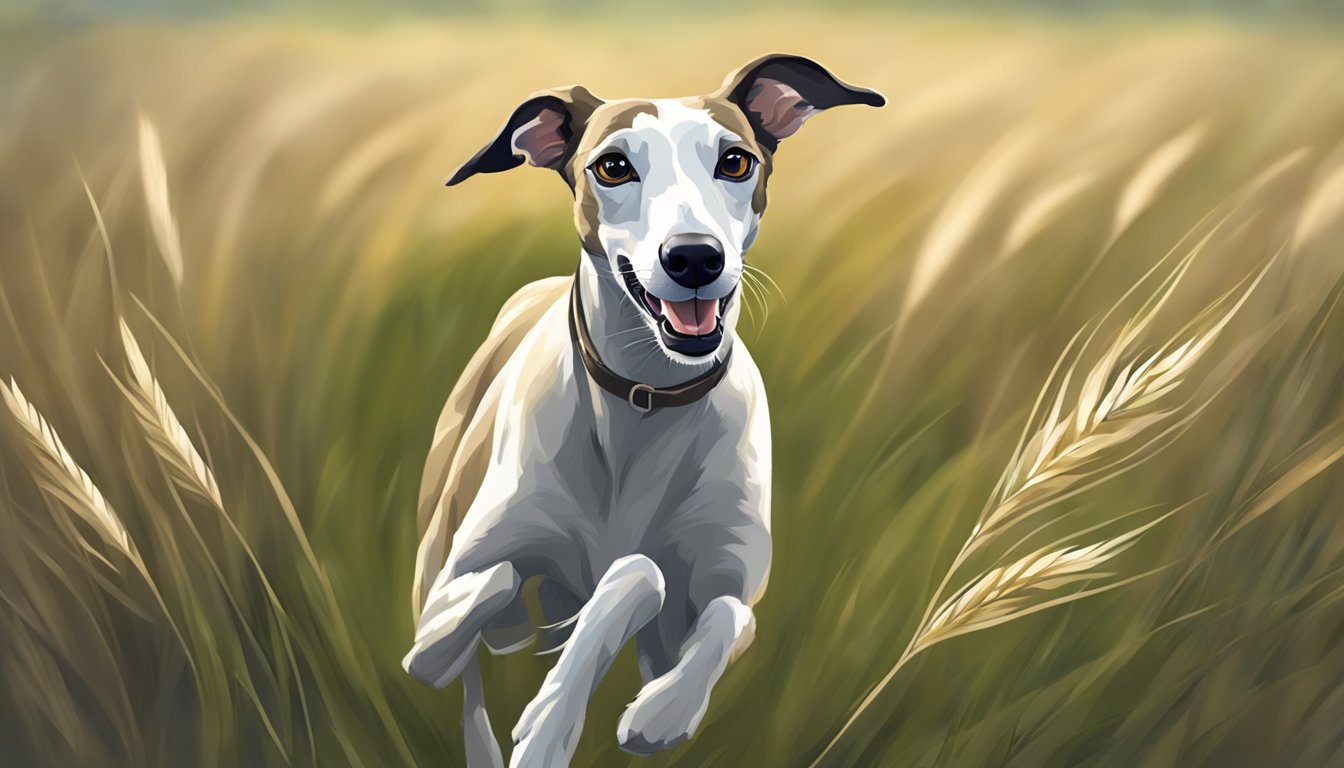 A Whippet dashing through a field, ears perked, eyes focused, ready to pounce on its prey