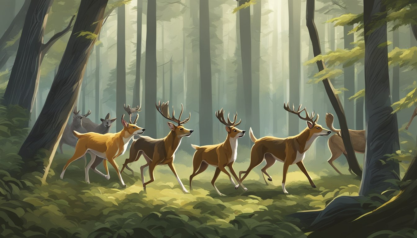 A pack of hounds chases a frightened deer through a dense forest, their barks echoing through the trees