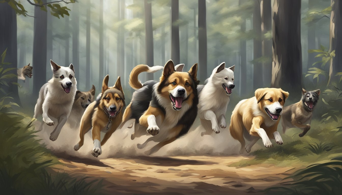 A pack of dogs chasing and cornering a frightened animal in the forest