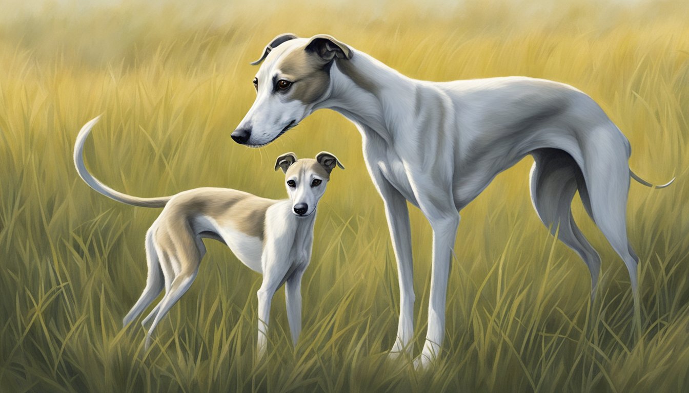 A Whippet stands alert in a grassy field, ears perked and tail raised, as it watches over a smaller Whippet who is in a crouched hunting position