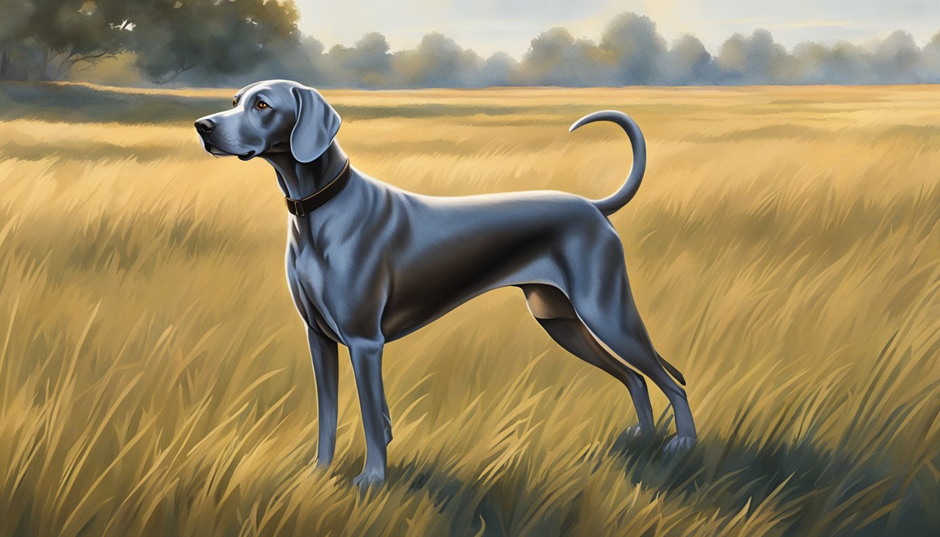 A Weimaraner dog stands alert in a grassy field, its sleek silver coat glistening in the sunlight as it eagerly waits for its owner to give the command to begin hunting