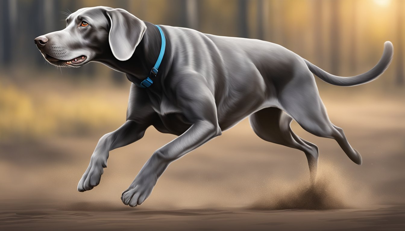 A Weimaraner eagerly hunts, tail raised, nose to the ground