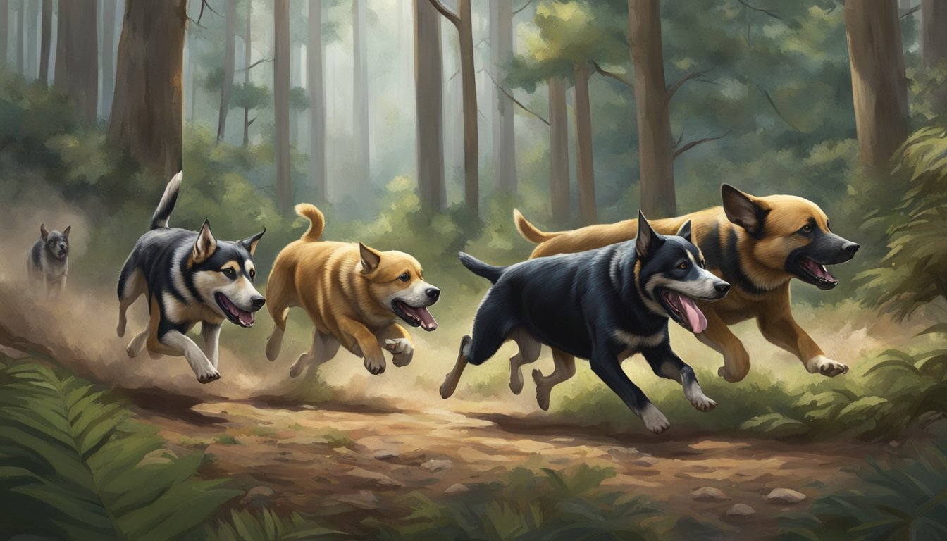 A pack of dogs chase a wild pig through a dense forest, their barks echoing through the trees as they work together to corner their prey