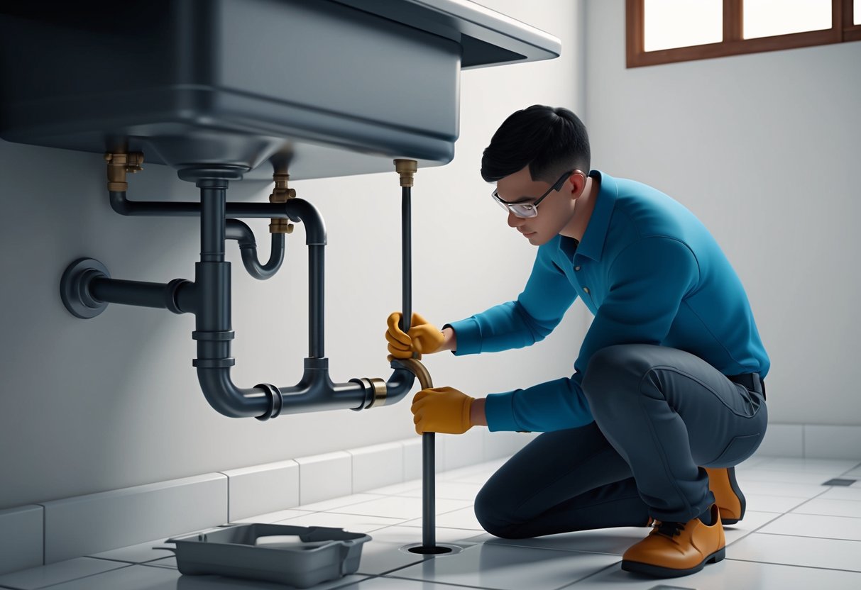 A plumber in Seri Kembangan fixing a leaky pipe under a sink