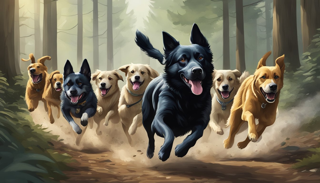 A pack of dogs chase a fleeing animal through a forest