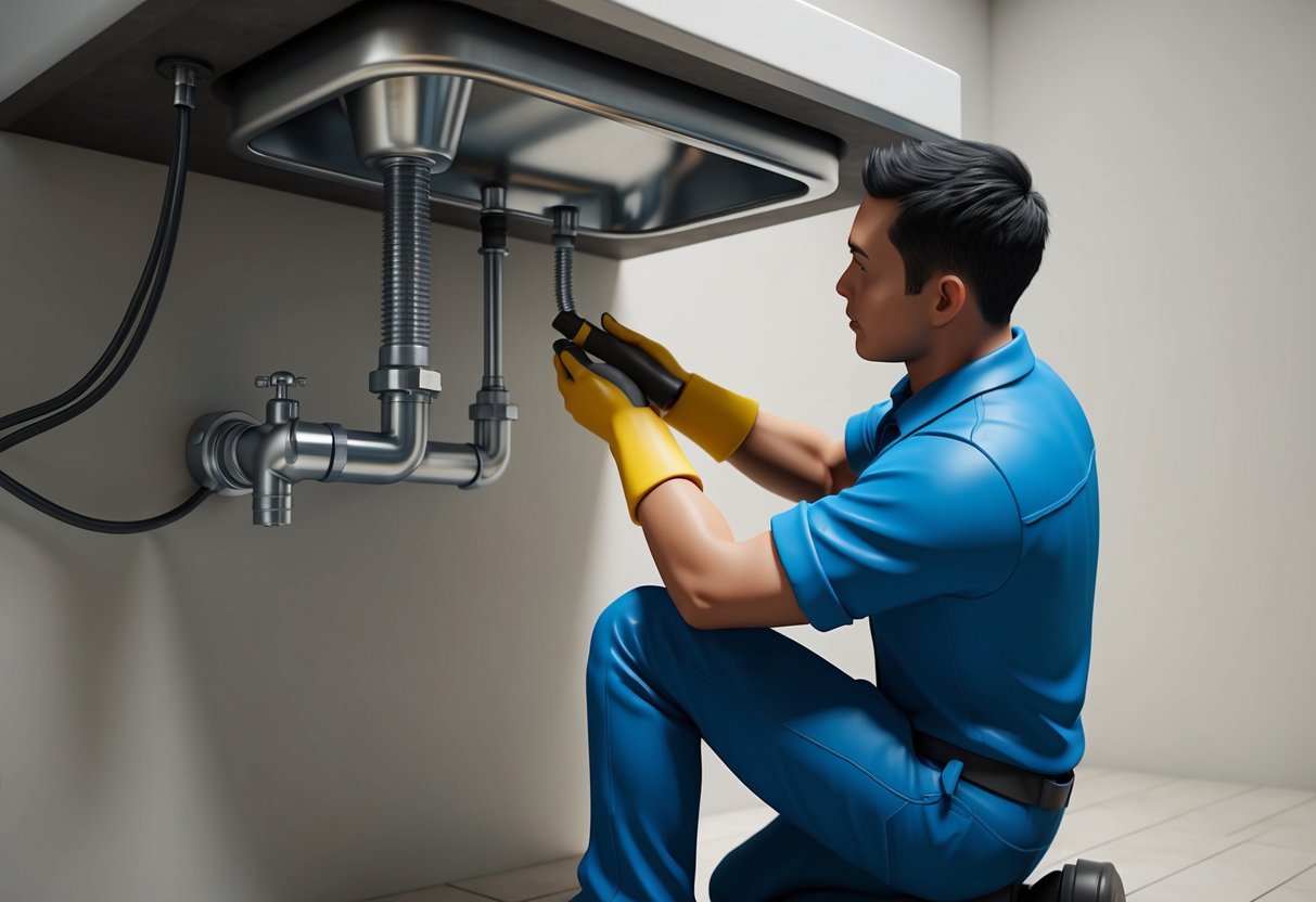 A plumber in Seri Kembangan fixing a leaky pipe under a sink