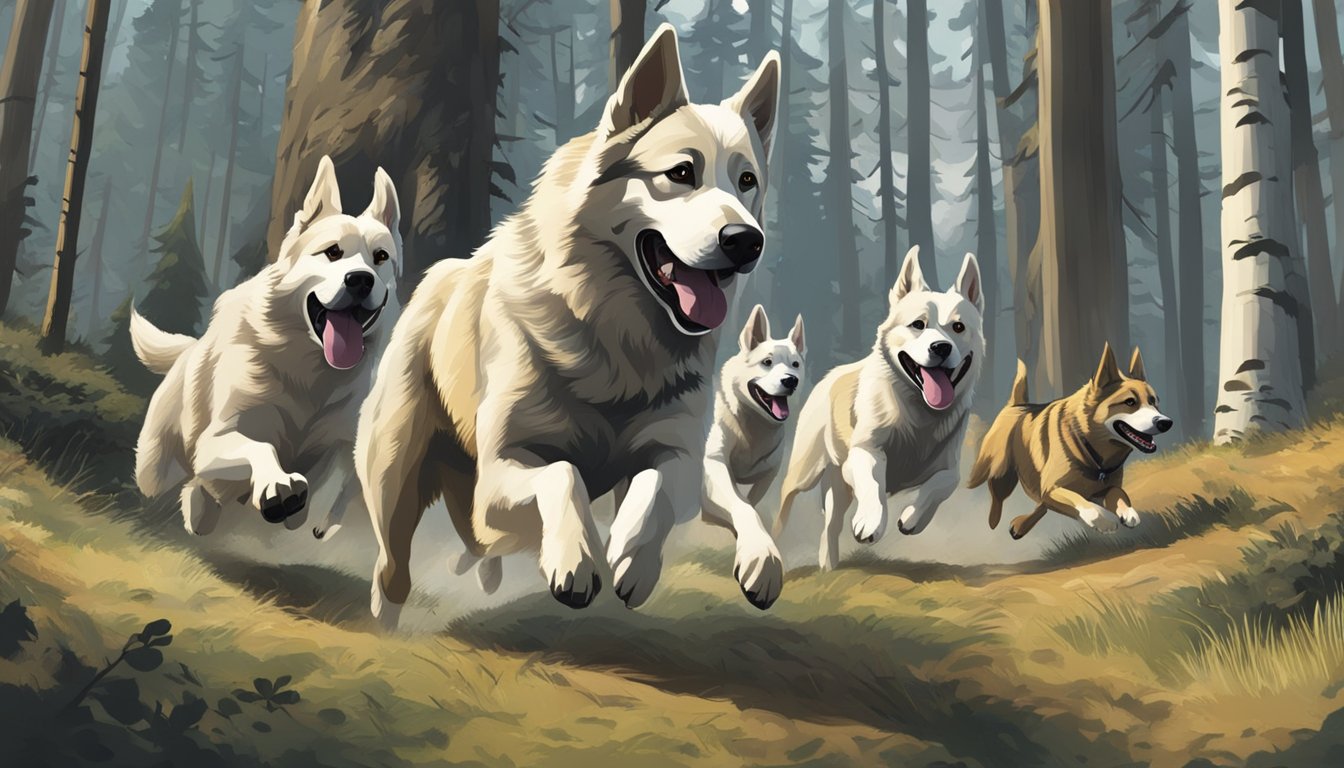 A pack of dogs running through a forest, their noses to the ground, as they track and chase after their prey