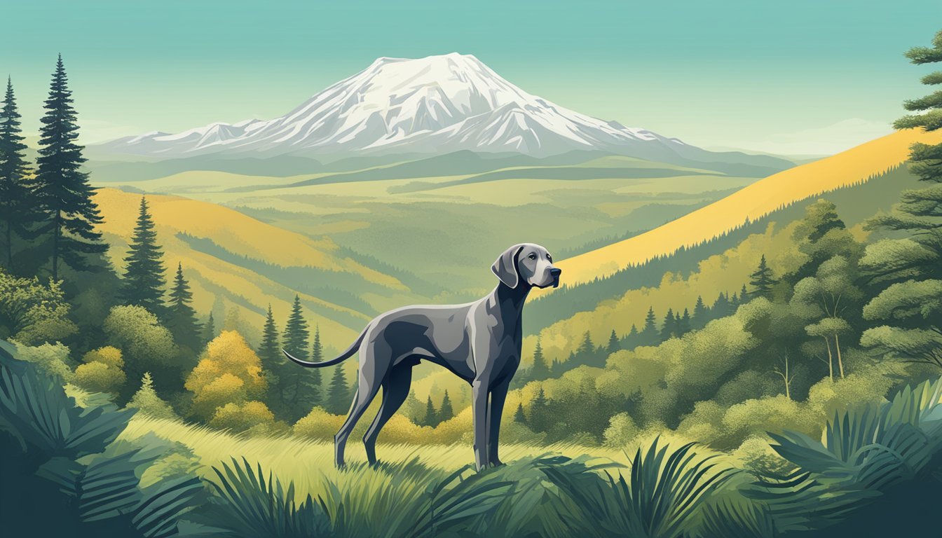 A Weimaraner hunting in a lush forest, with a clear blue sky and a distant mountain range in the background