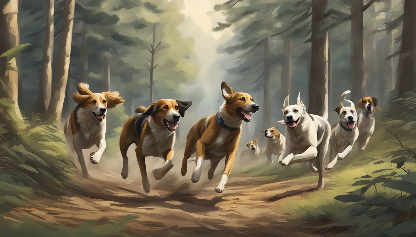 A group of hunting dogs running through a forest, their noses to the ground as they search for prey