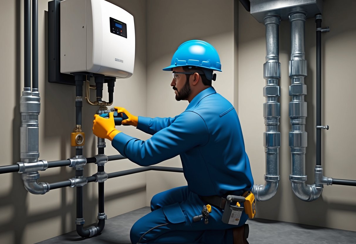 A plumber working on commercial plumbing installation in Seri Kembangan