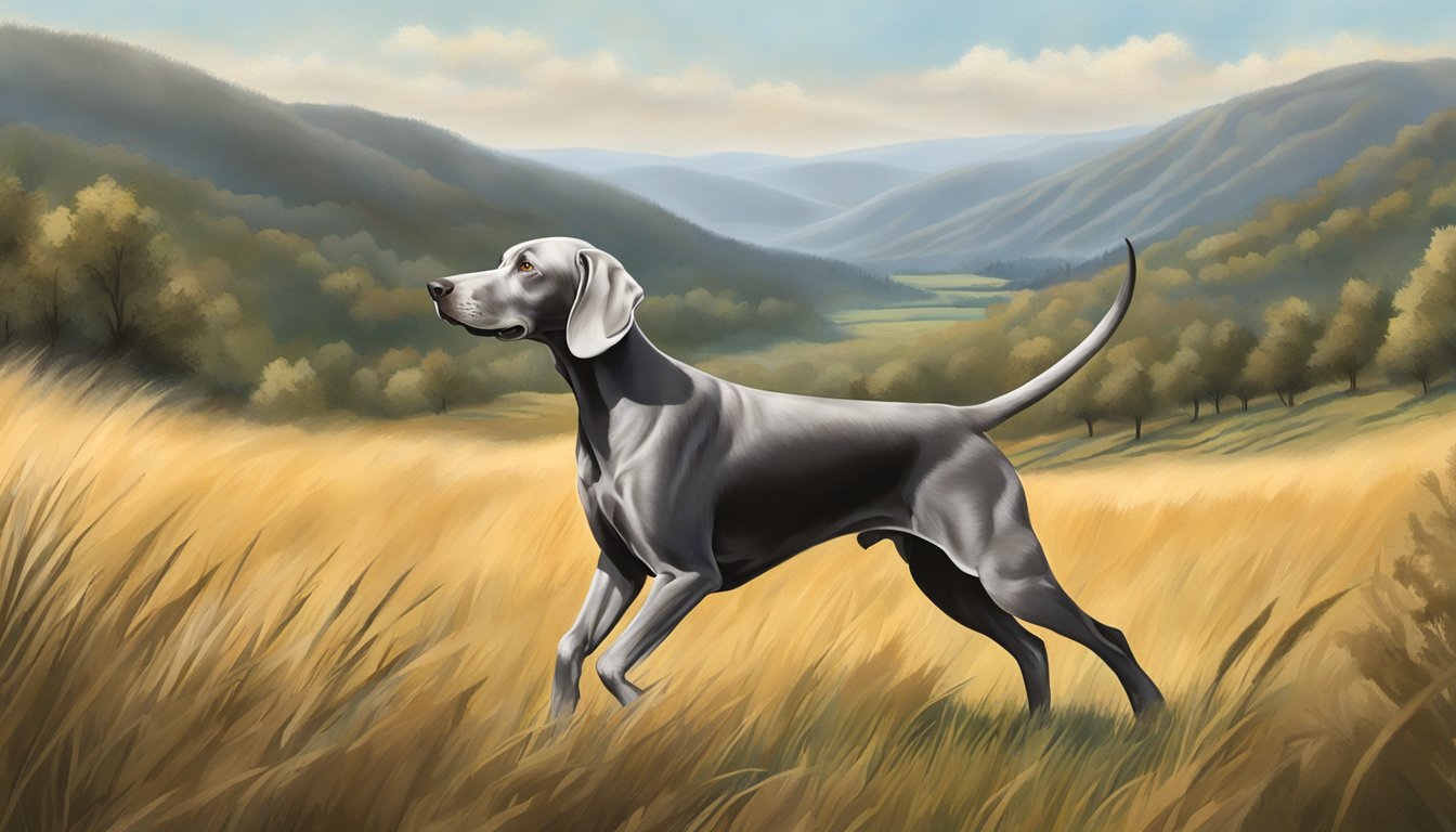 A Weimaraner competes in a field trial, pointing and retrieving game birds with a backdrop of rolling hills and dense forest